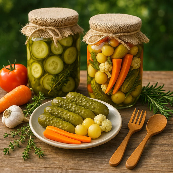 Murături traditionale asortate in saramura: Colectia de castraveti, gogonele si alte conserve la borcan