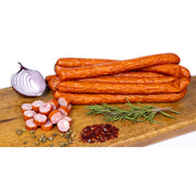 Delumani Carnati Cabanos de Acasa, traditional homemade Romanian cured sausages, sliced open to show seasoned meat inside.