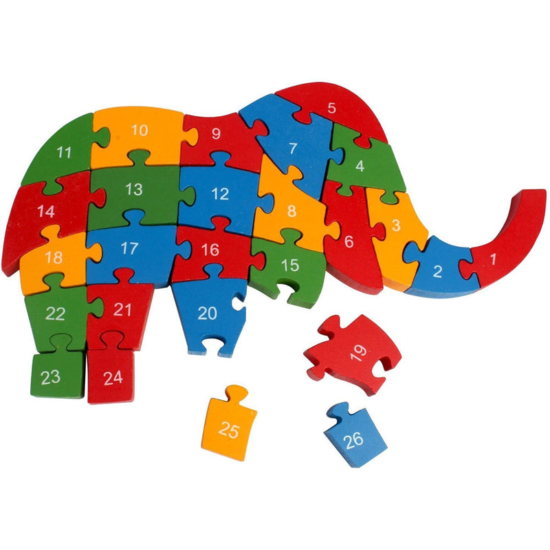 Puzzle din lemn - elefant cu litere si cifre