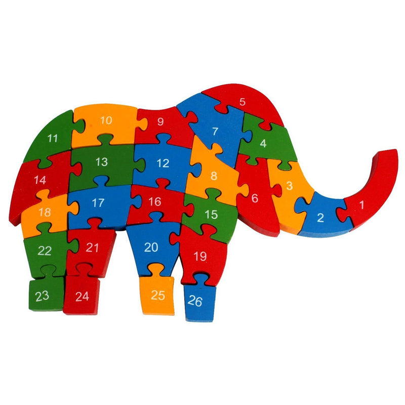 Puzzle din lemn - elefant cu litere si cifre